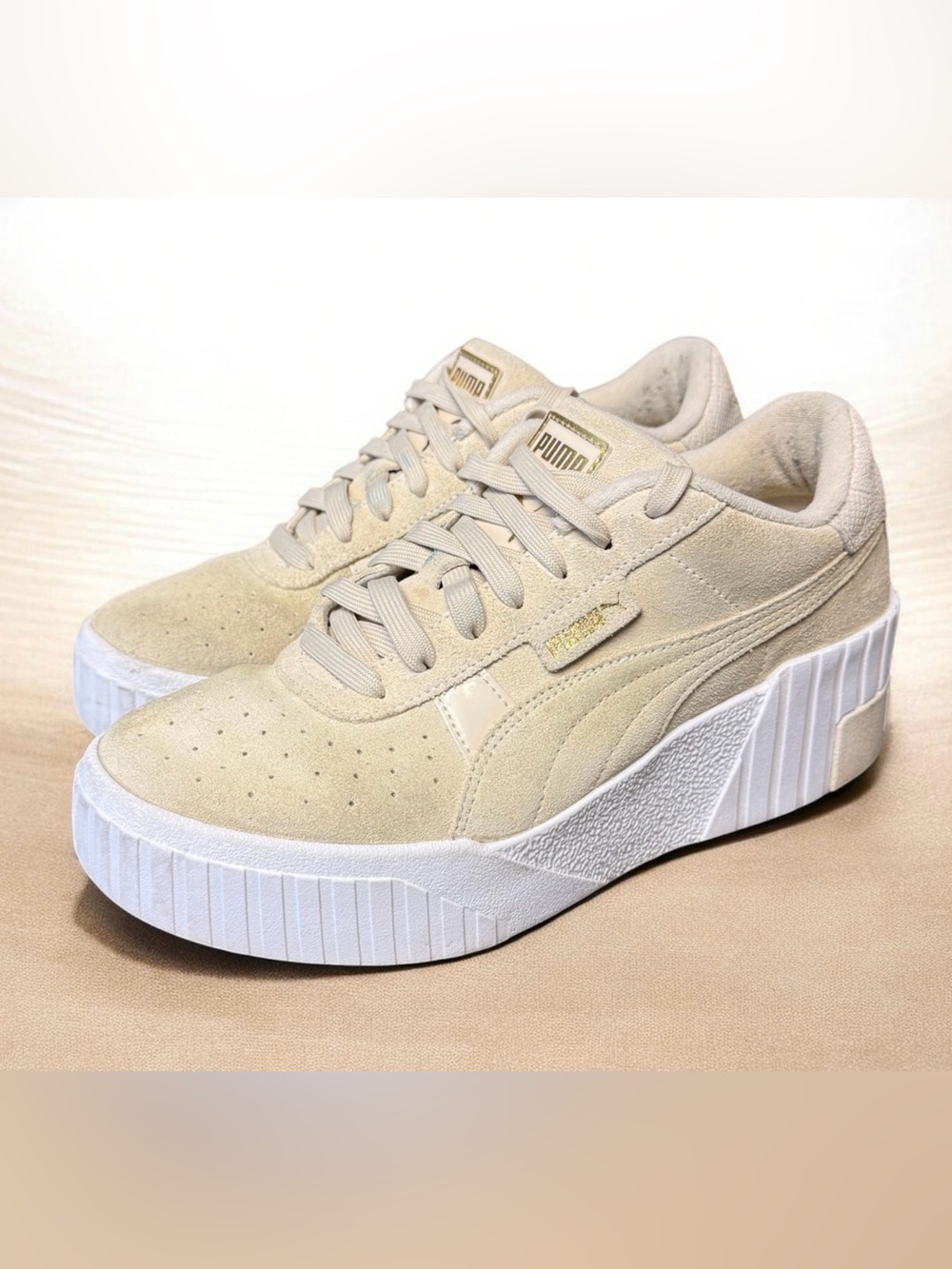 PUMA Cali Women's Beige Suede Platform Wedge Sneakers 8.5